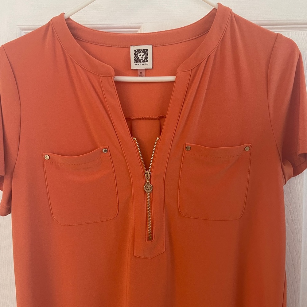 Anne Klein Coral Pink Short Sleeve Blouse with Mandarin Collar